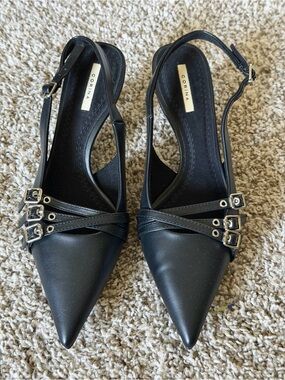 Black Pointed Slingback Heels with Triple Buckle Detail